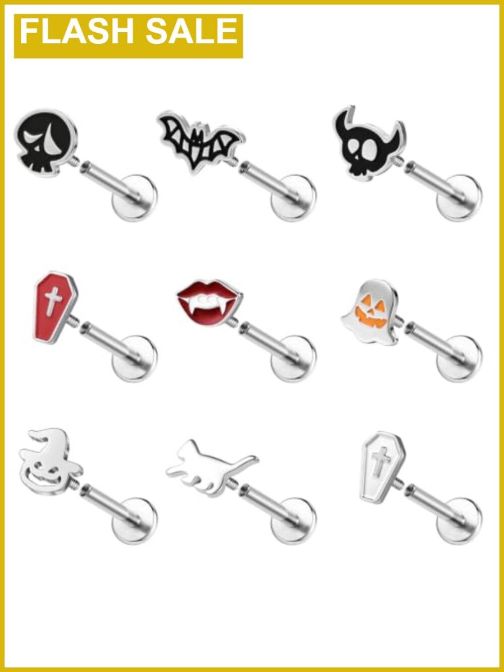 9pc 16G Stainless Steel Halloween Labret Lip Rings Flat Back Studs